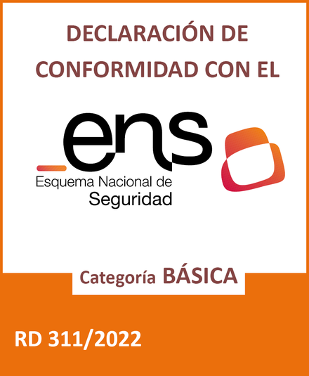 Distintivo de Declaración de Conformidad con el Esquema Nacional de Seguridad, categoría BÁSICA, RD 311/2022. Enlaza a la Declaración firmada.