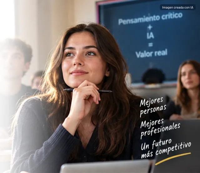 Una estudiante en clase; en la pizarra, «Pensamiento crítico + IA = Valor real»